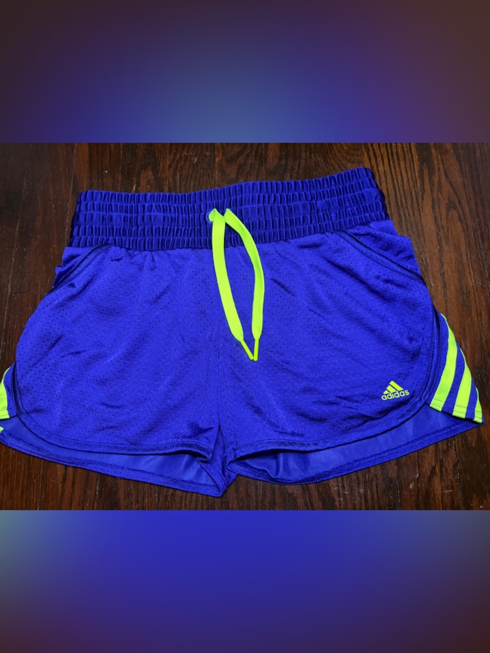 Adidas purple neon green striped shorts